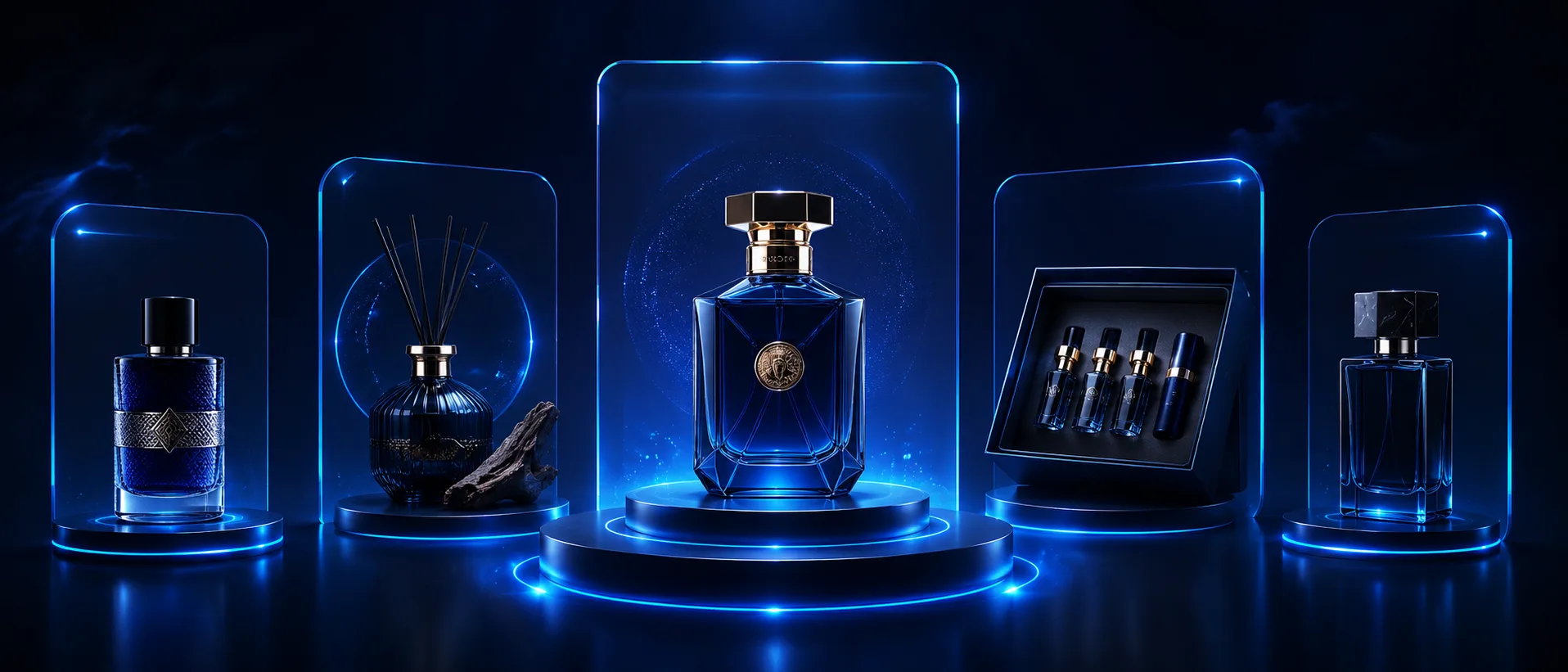 Collection of luxury perfume bottles arranged on a softly lit display